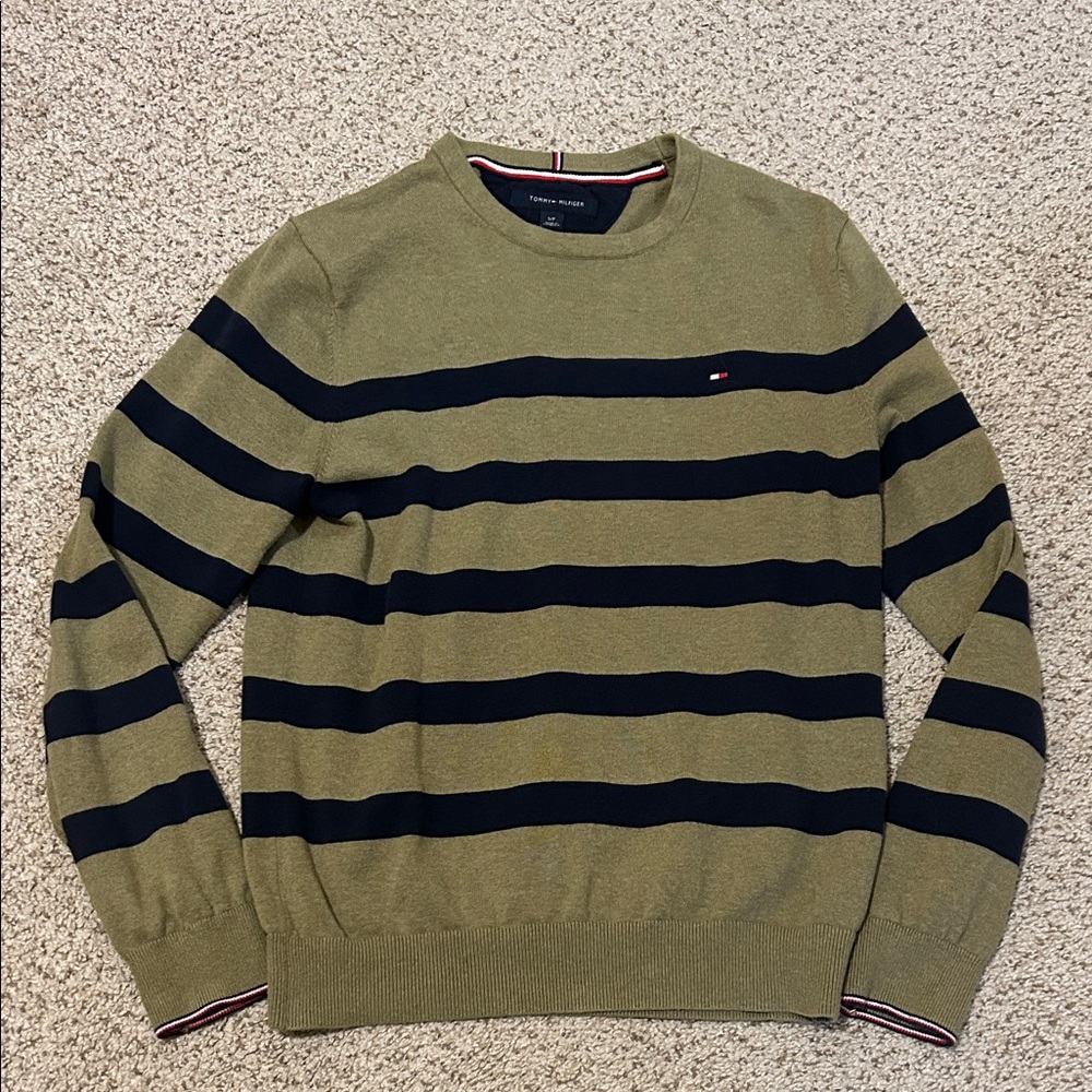 Tommy Hilfiger Men's Olive and Navy Striped Crewneck Sweater